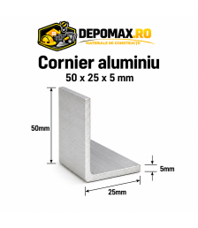 Cornier aluminiu 50 x 25 x 5 mm, 6 metri (EN AW-6060)